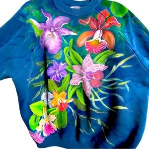 SOLD! Hand Painted Orchids on a Navy Blue Sweat Shirt